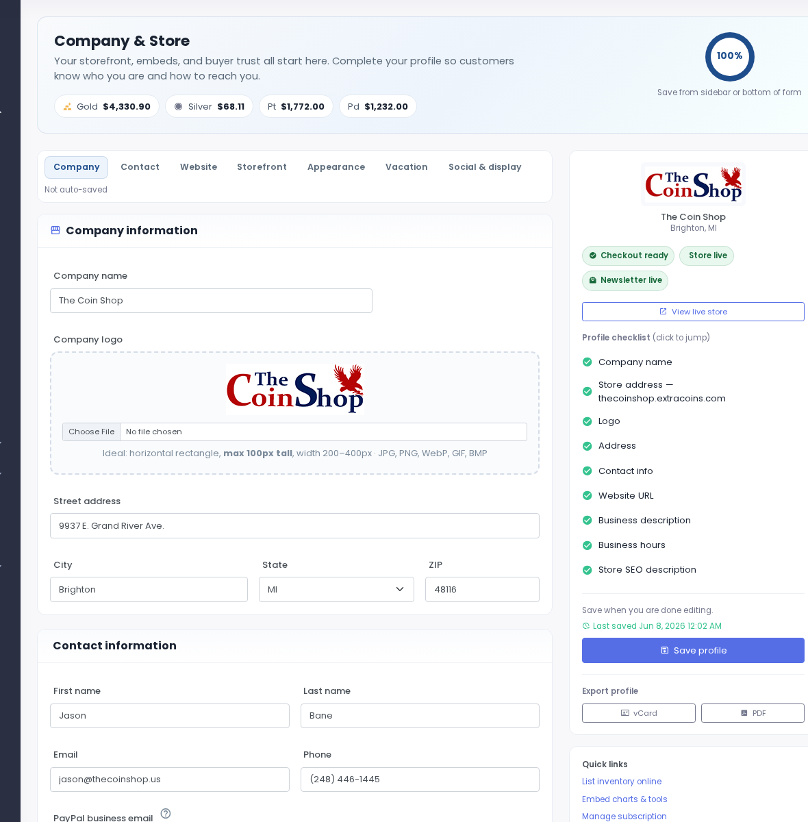 Company Profile settings for subdomain branding and payment processors