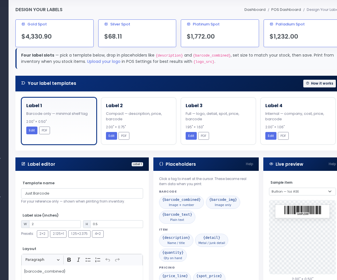 SpotPro label designer with barcodes and live PDF preview