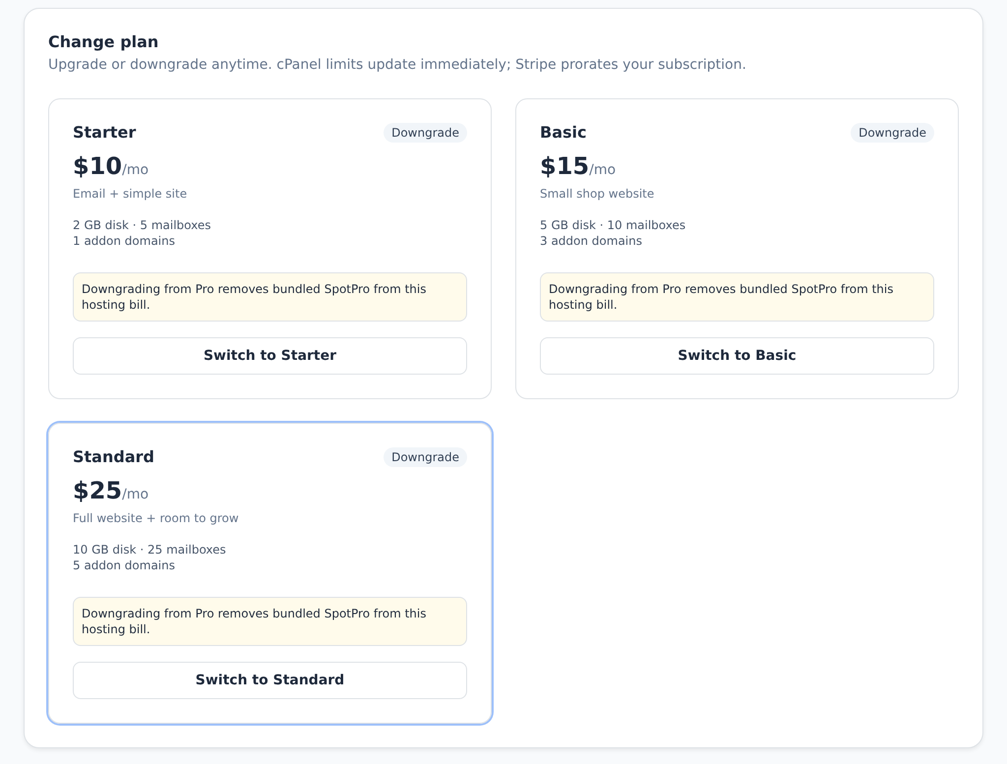 Change plan screen in CoinWebHosting portal