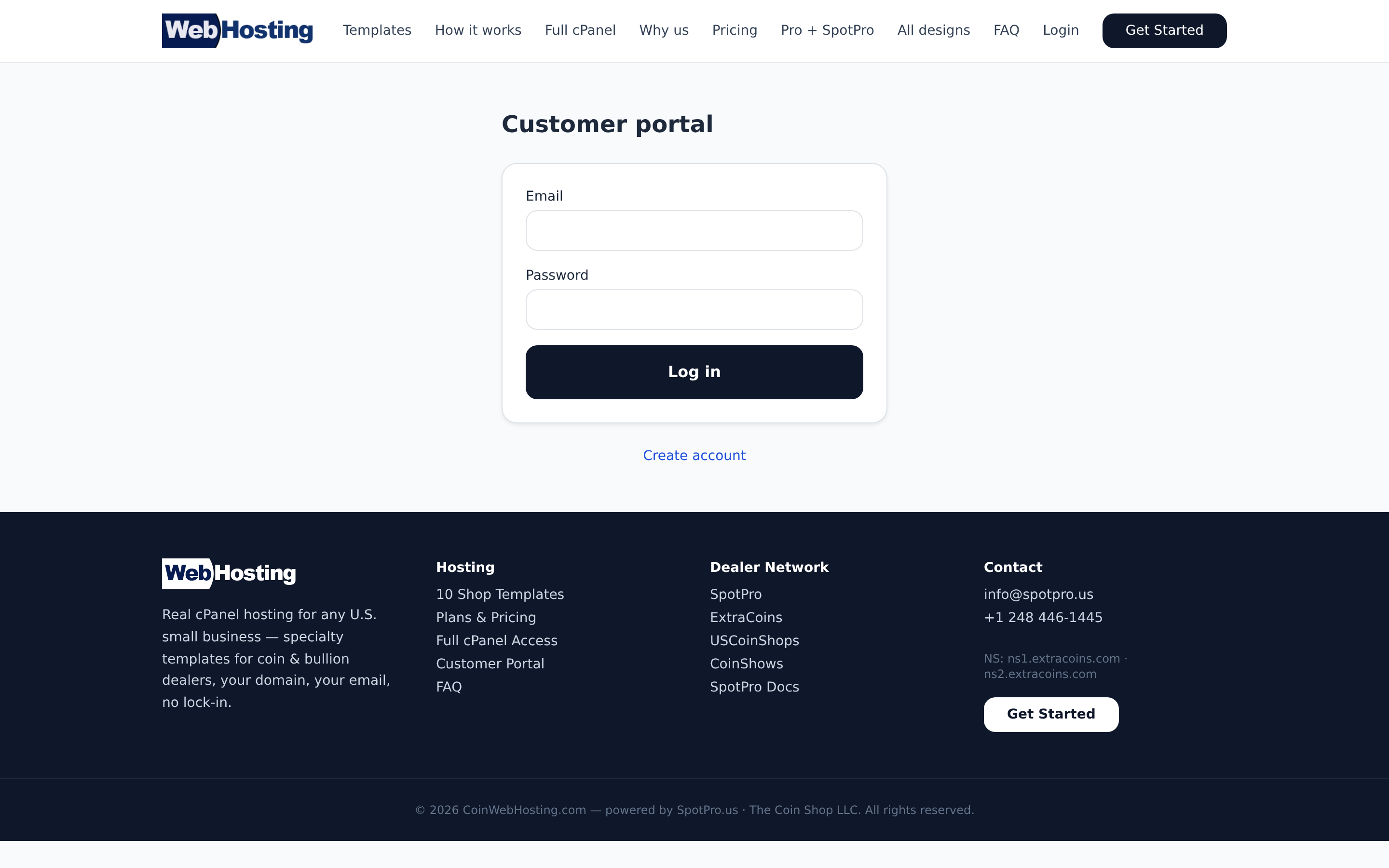CoinWebHosting customer portal login page