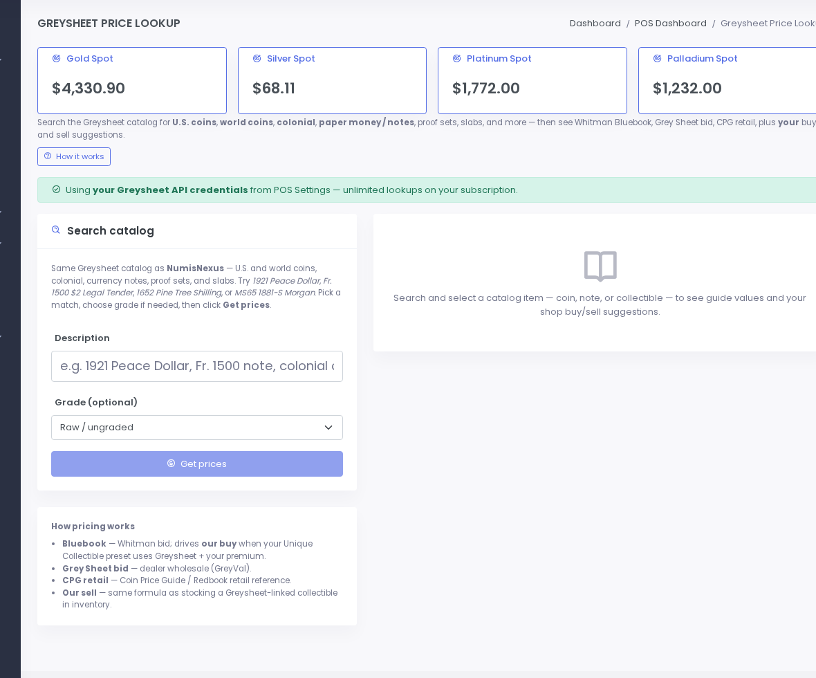Coin Price Lookup showing Greysheet guide values and dealer margins