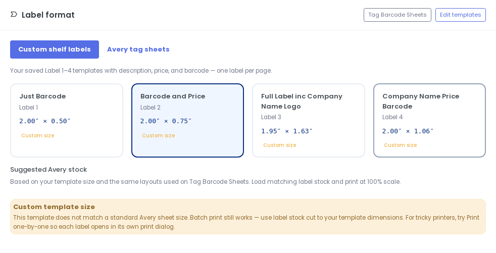 Custom shelf label format picker