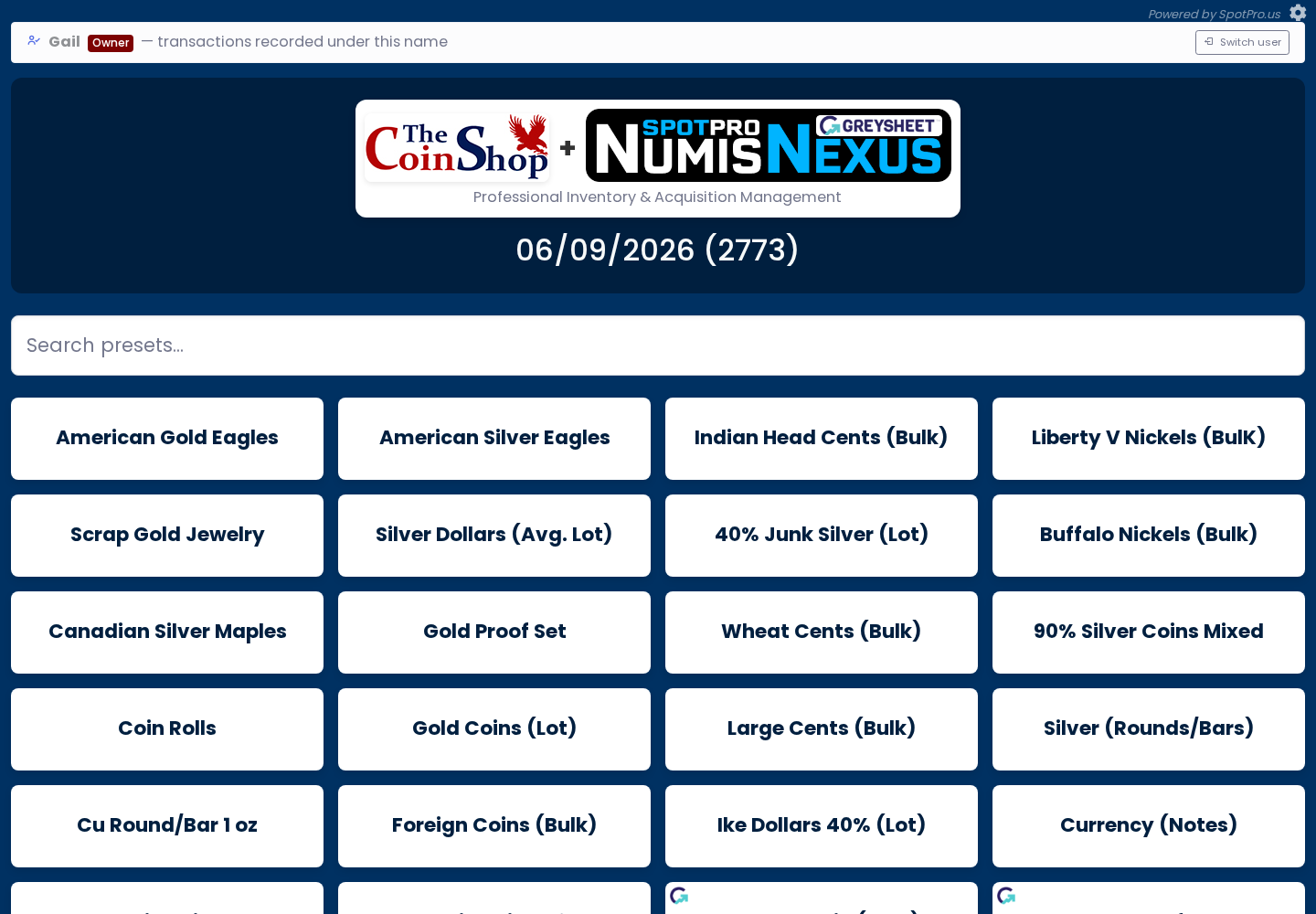 NumisNexus purchase desk with live spot prices and buy presets