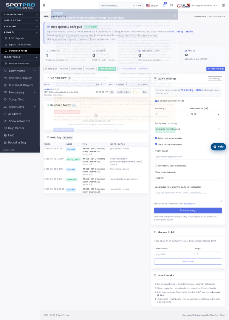 SpotPro purchase holds queue with KPIs and safe-pull toolbar