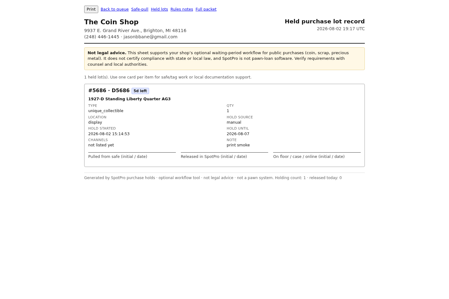 Held lot print sheet