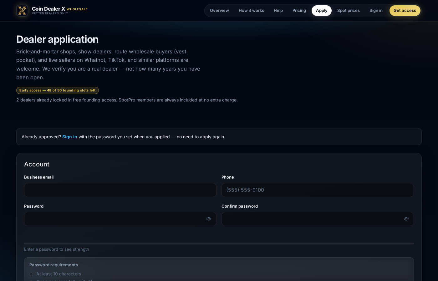 Apply to join Coin Dealer X wholesale marketplace