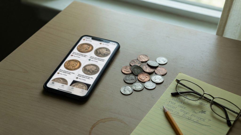 Smartphone showing coin marketplace listings beside a pile of ordinary worn pocket change and handwritten notes