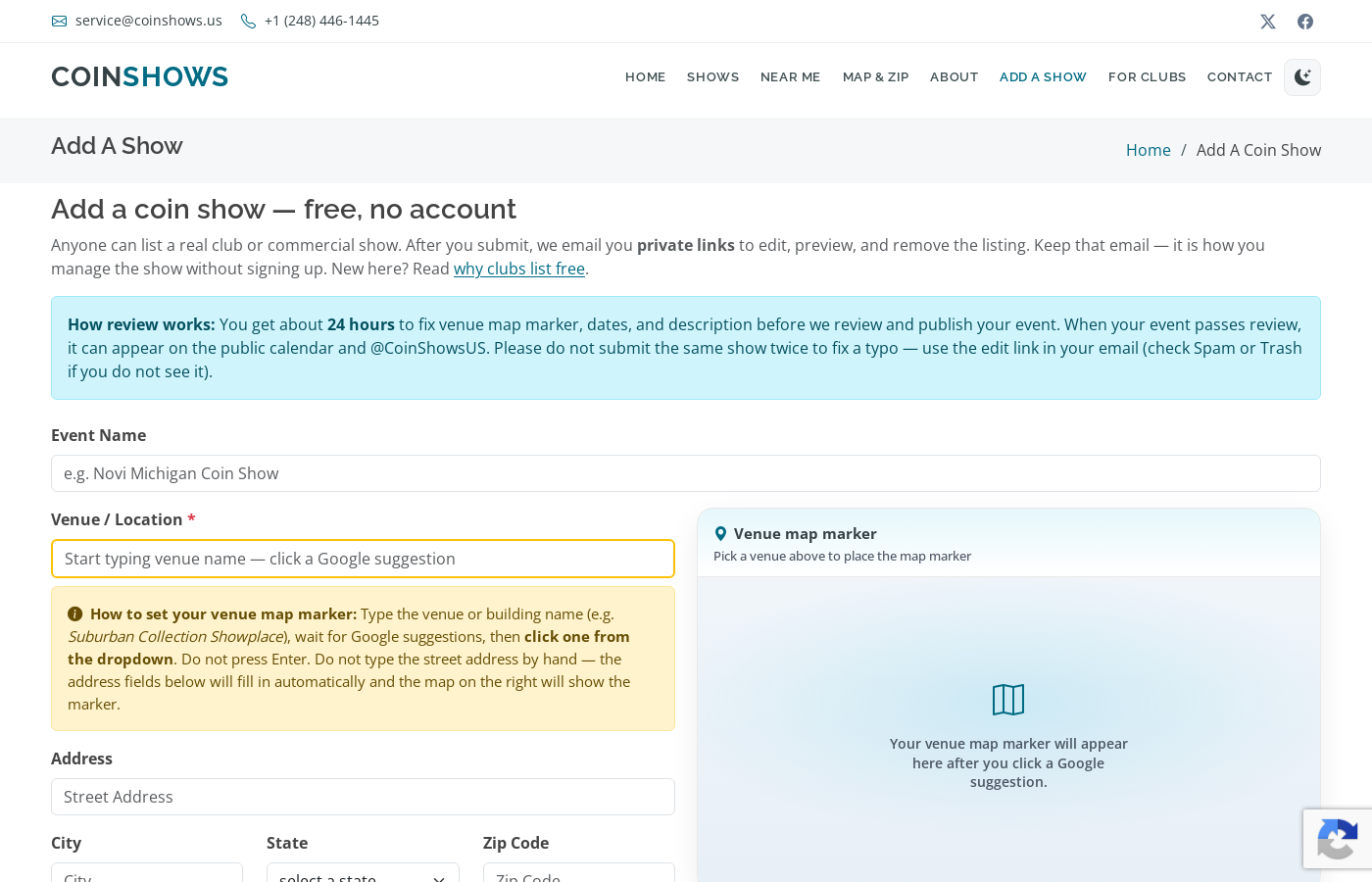 List a coin show free on CoinShows.us