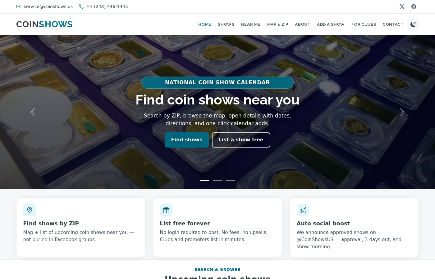 CoinShows.us homepage — national coin show calendar with map and ZIP search