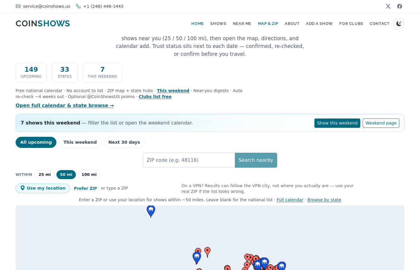 Find coin shows near me with ZIP and map on CoinShows.us