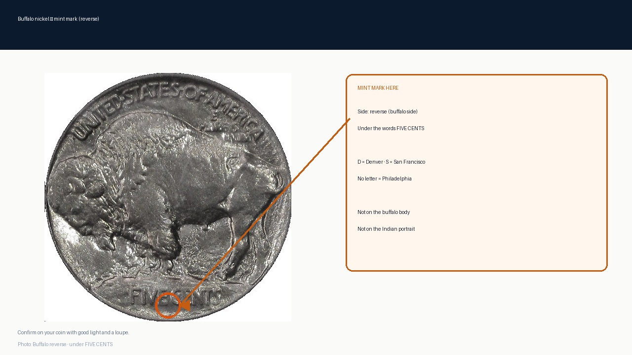 Buffalo nickel: under the words FIVE CENTS on the reverse