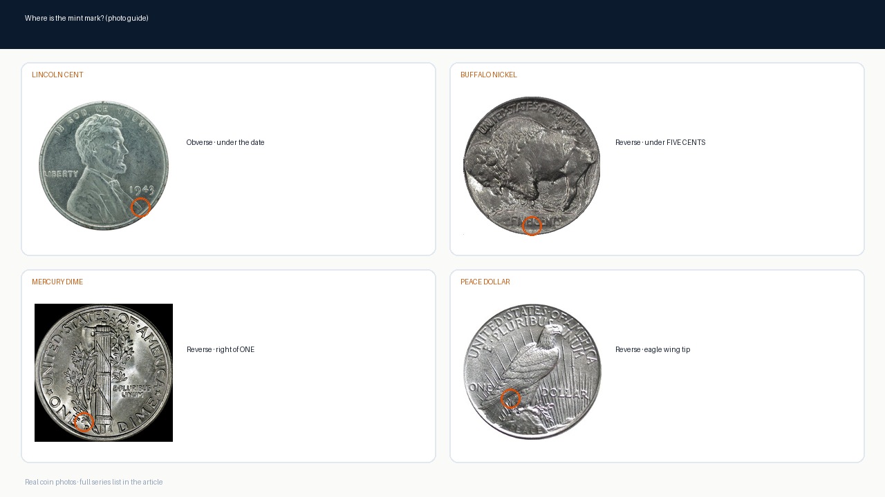 Photo overview: Lincoln under date · Buffalo under FIVE CENTS · Mercury right of ONE · Peace at eagle wing tip