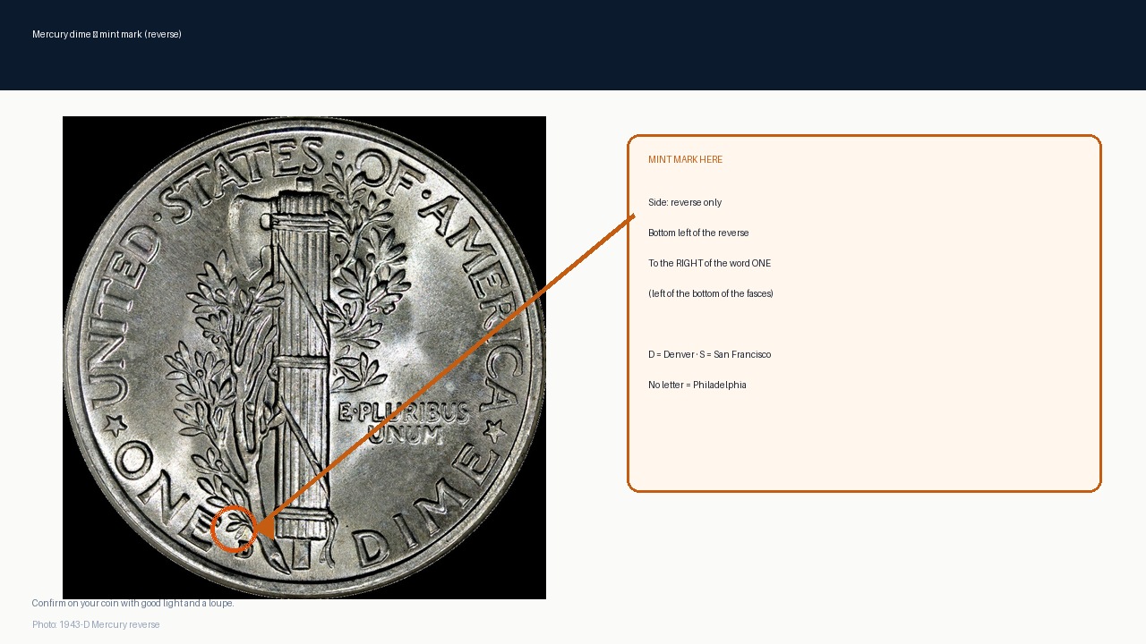 Mercury dime reverse: bottom left, to the right of the word ONE