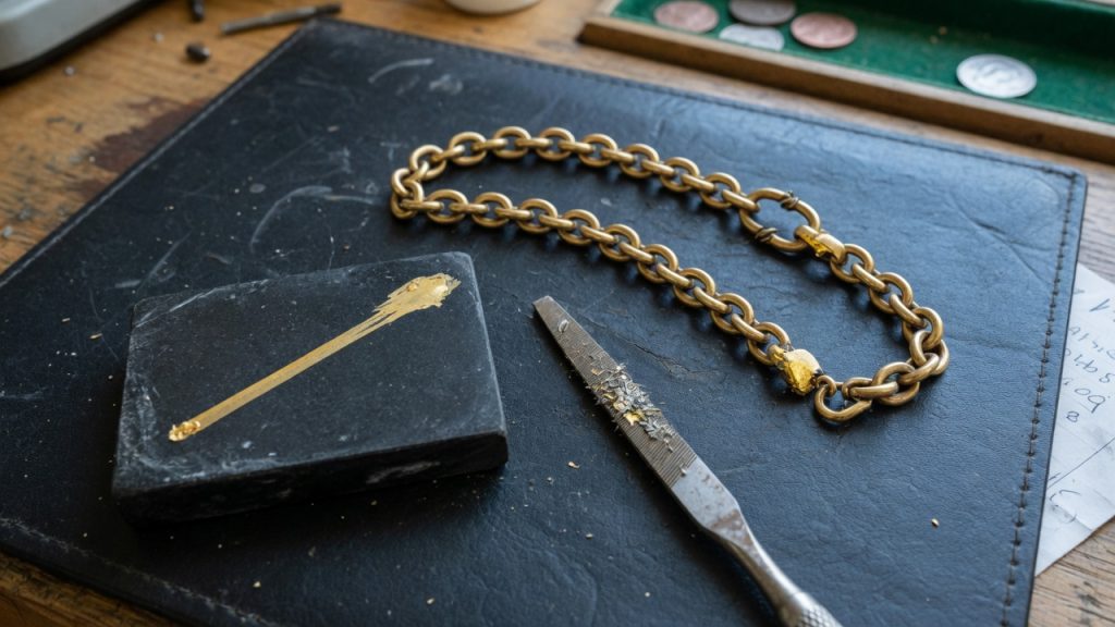 Gold chain beside an acid test stone on a coin shop pad