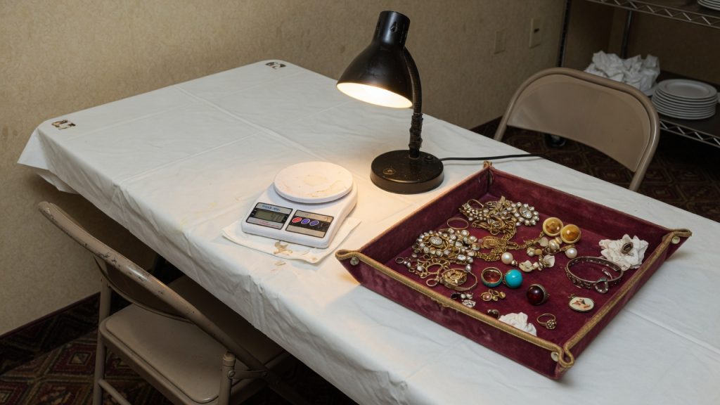 A folding-table jewelry buy setup in a hotel meeting room