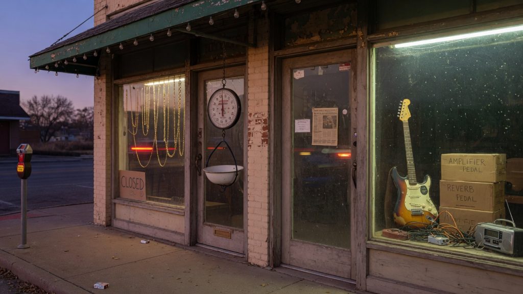 A gold-buying window next to a pawn-like shop with a guitar
