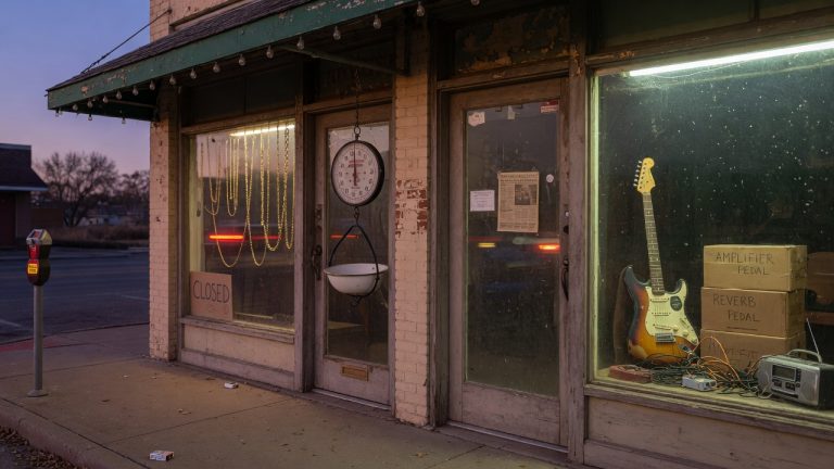 A gold-buying window next to a pawn-like shop with a guitar