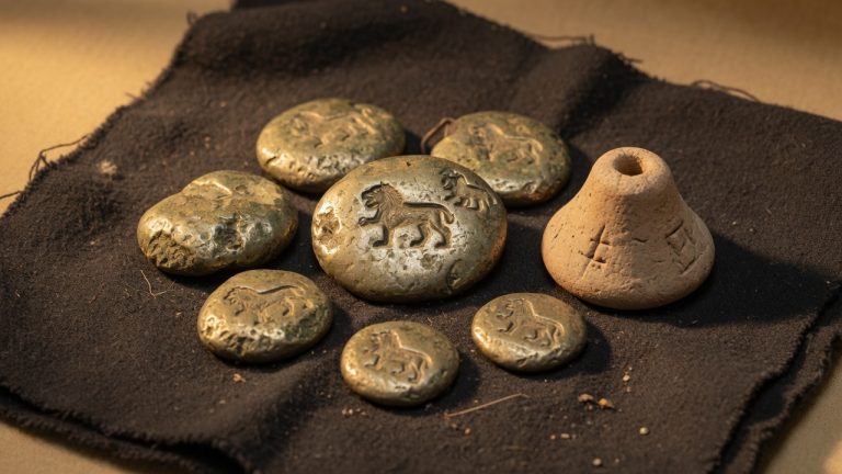 Ancient-style stamped metal lumps and a clay weight