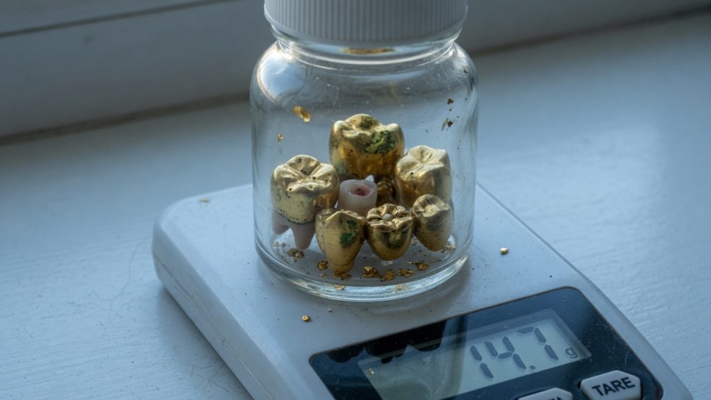 Ugly dental gold crowns in a small jar on a digital scale