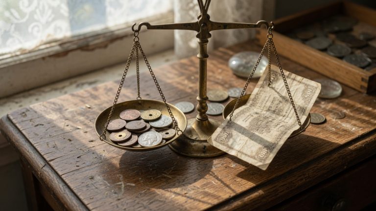 A brass scale weighing coins against a worn banknote