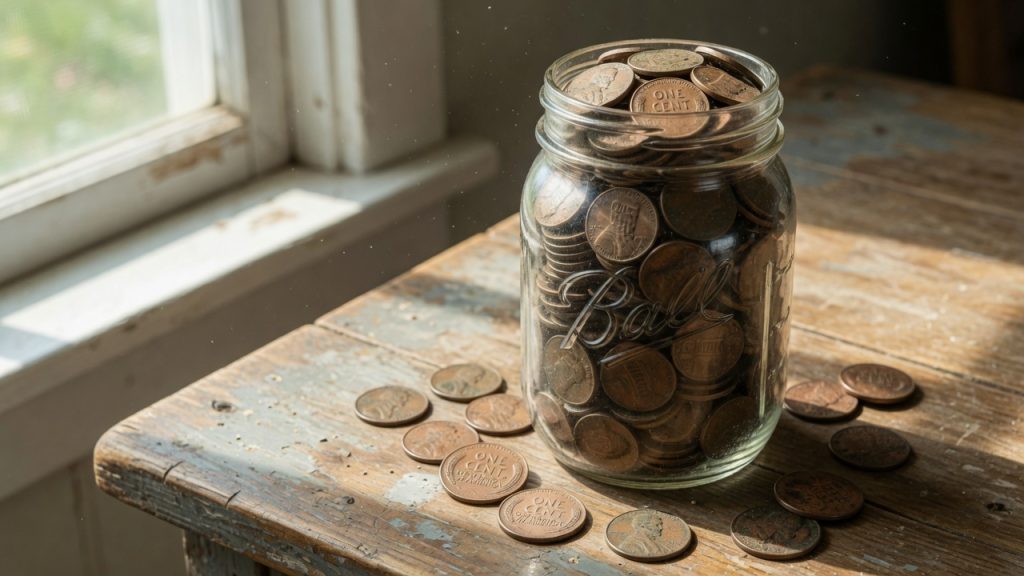 A mason jar filled with ordinary one-cent coins