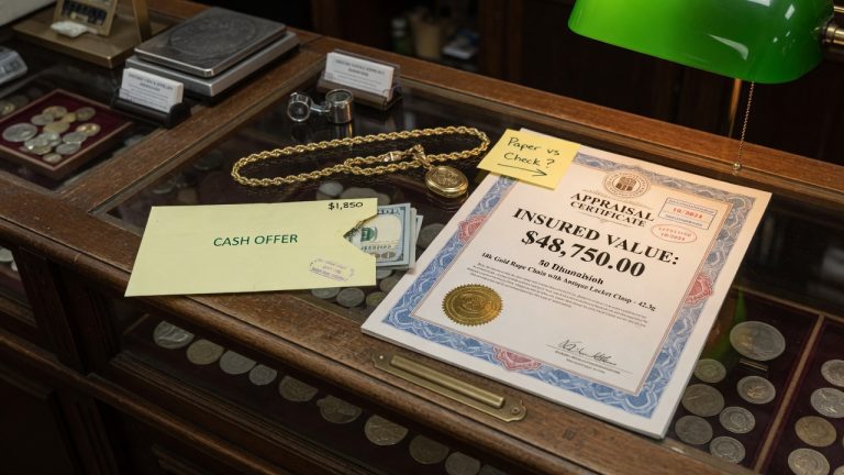 A high insurance appraisal certificate next to a much smaller cash-offer envelope and a gold chain