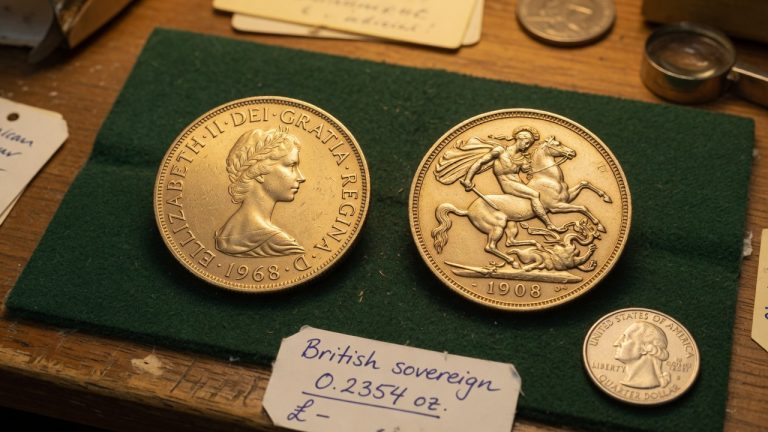 A 1968 Elizabeth II gold sovereign beside a St George and the dragon reverse, with a US quarter for size
