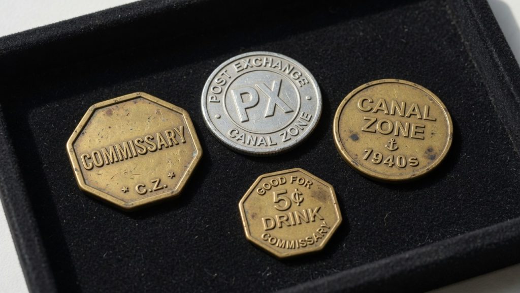 Brass commissary and Canal Zone tokens with an aluminum PX token on a black pad