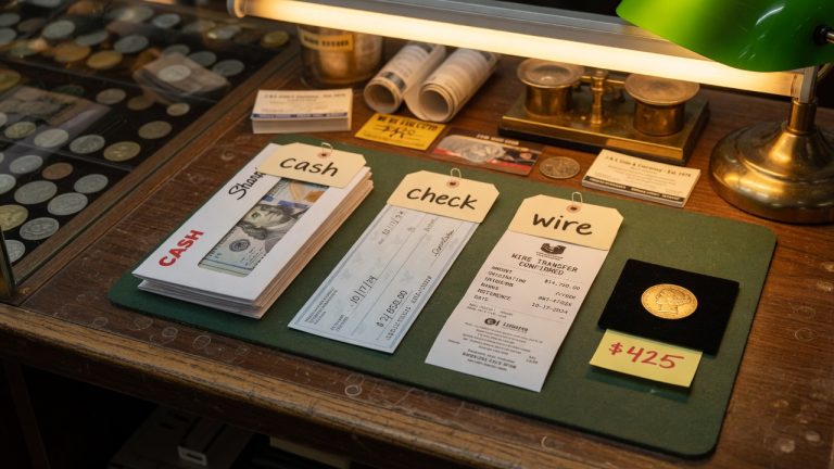Three piles on a shop pad labeled cash, check, and wire next to a gold coin