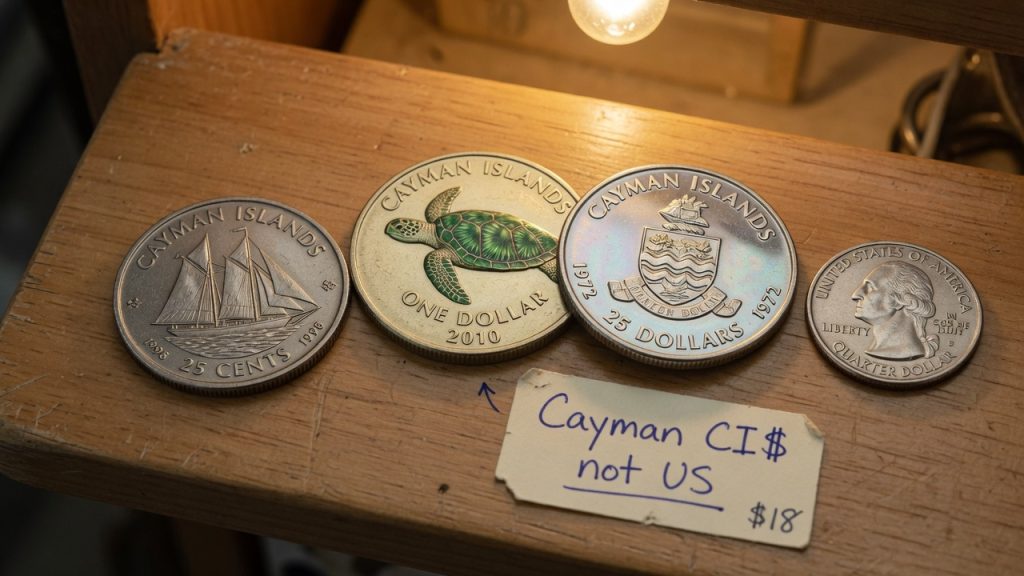 Cayman Islands 25 cents, a turtle dollar, and a 1972 twenty-five dollars next to a Washington quarter