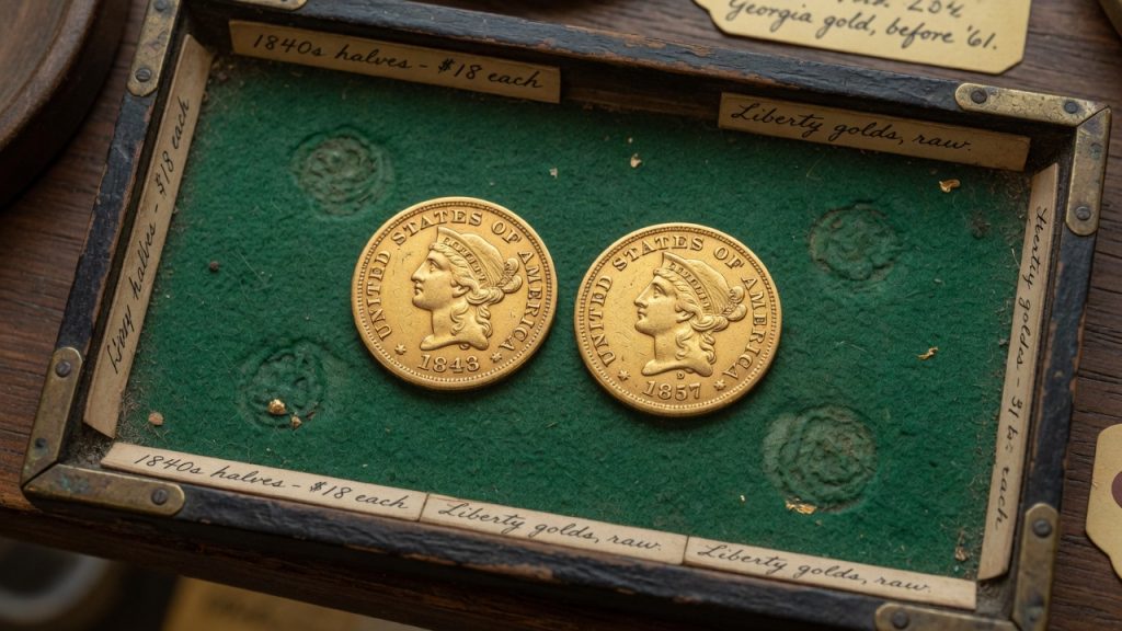Two small pre-Civil War United States gold coins on a green felt tray