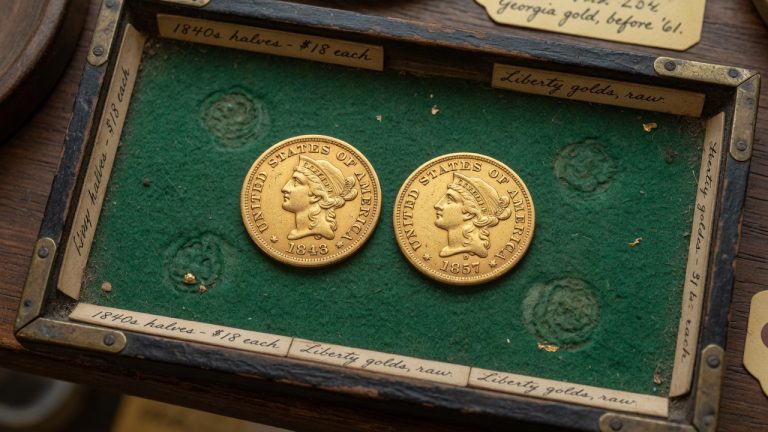 Two small pre-Civil War United States gold coins on a green felt tray
