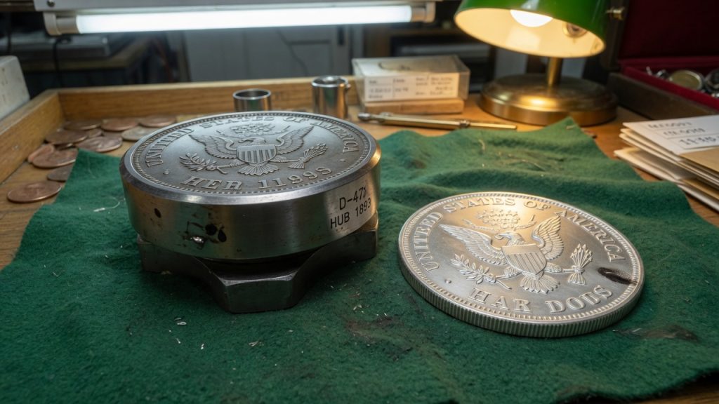 A steel coin die and a silver planchet on a green felt shop tray