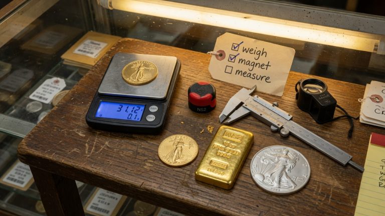 A coin-shop bench: digital scale, magnet, calipers, and loupe with a gold Eagle, a gold bar, and a Silver Eagle