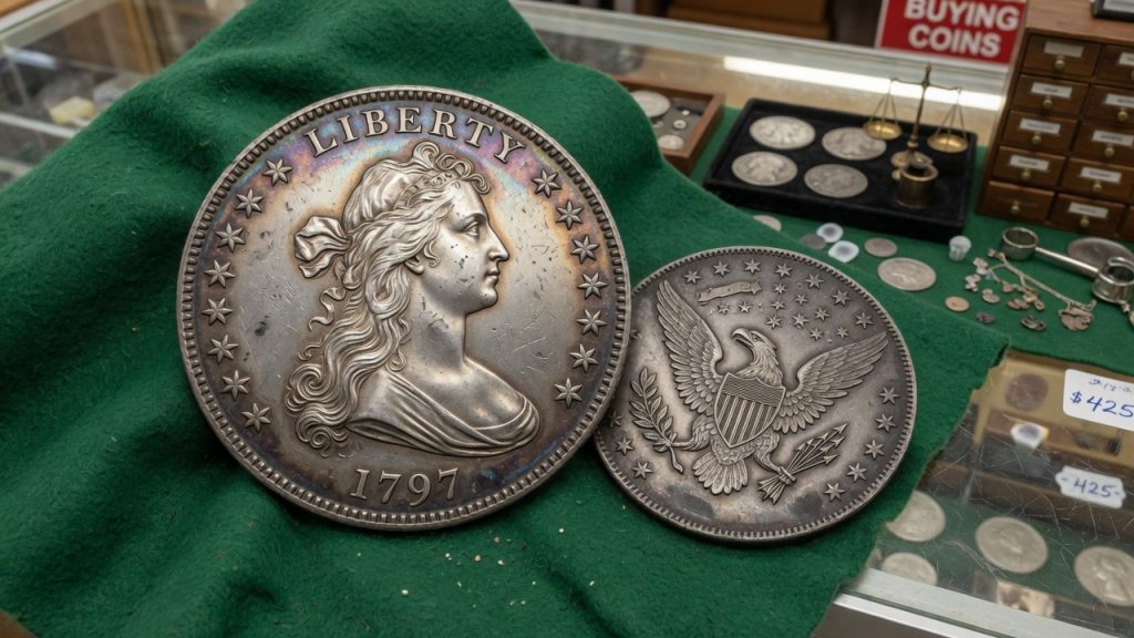 A Draped Bust United States silver dollar on green felt