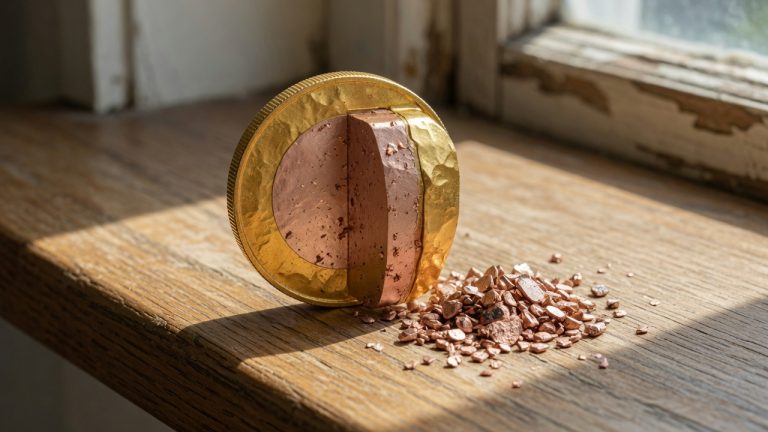 Gold coin beside alloy grains