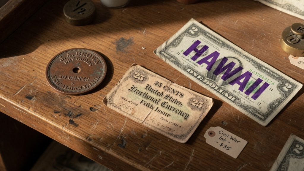 A Civil War store token, a 25-cent fractional note, and a dollar with a HAWAII overprint on a wooden counter