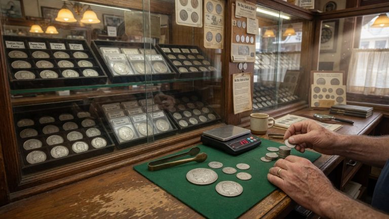 A coin-shop counter with a scale, felt pad, and a dealer counting silver coins — no software screen