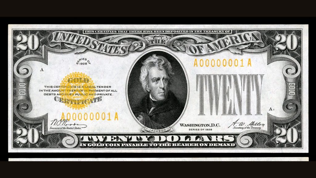 Real Series 1928 $20 gold certificate, gold seal, payable in gold coin to the bearer
