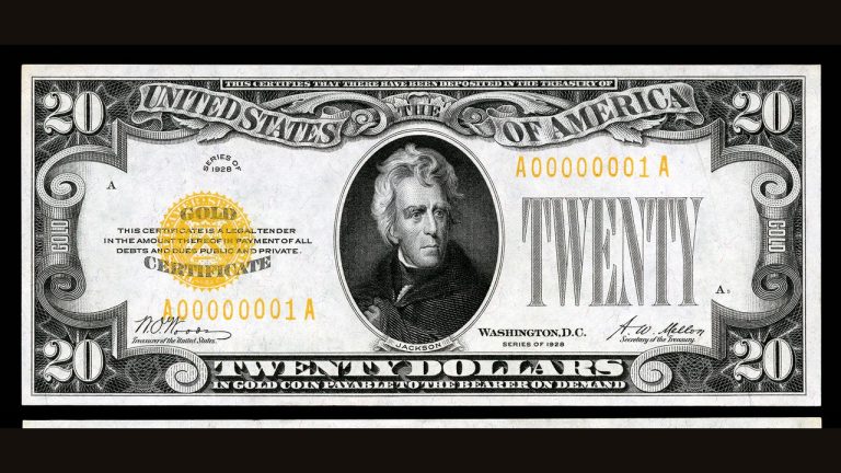 Real Series 1928 $20 gold certificate, gold seal, payable in gold coin to the bearer