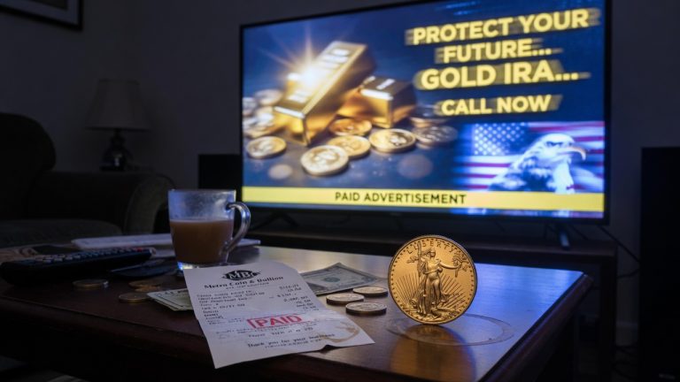A Gold IRA TV ad behind a real Gold Eagle and a paid shop receipt