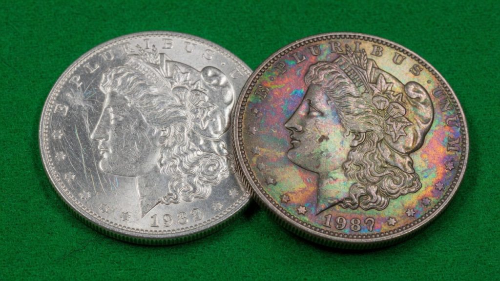 Two silver dollars on green felt, one with cleaning hairlines and one with natural toning