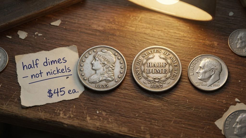 An 1835 Capped Bust half dime and an 1857 Seated half dime next to a Roosevelt dime
