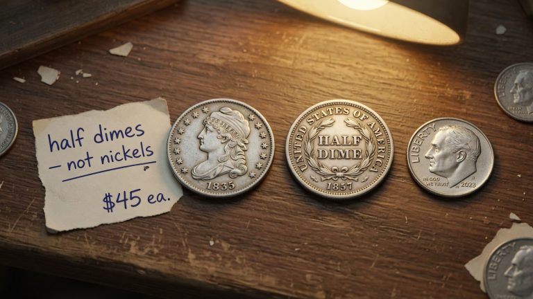 An 1835 Capped Bust half dime and an 1857 Seated half dime next to a Roosevelt dime