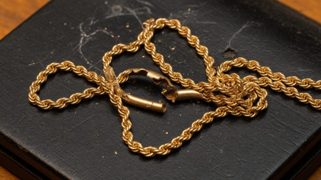 A crushed gold rope chain broken open so the empty tube inside is visible