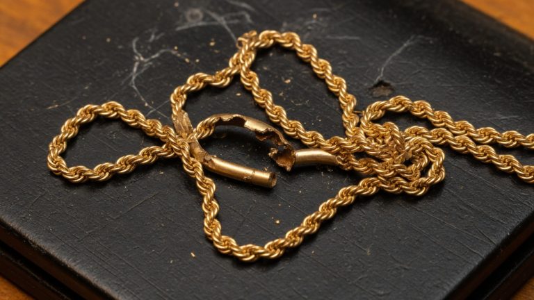 A crushed gold rope chain broken open so the empty tube inside is visible