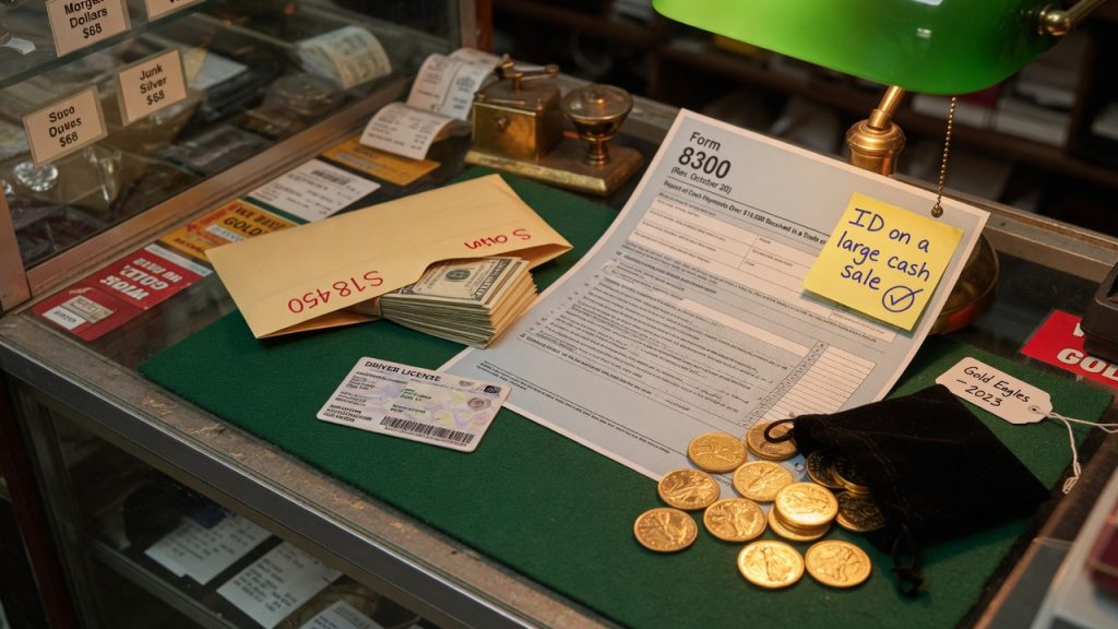 A shop counter with a cash envelope, a Form 8300, a face-down license, and gold coins