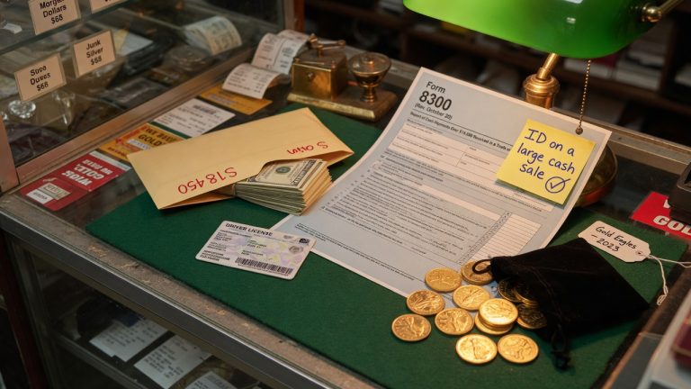 A shop counter with a cash envelope, a Form 8300, a face-down license, and gold coins