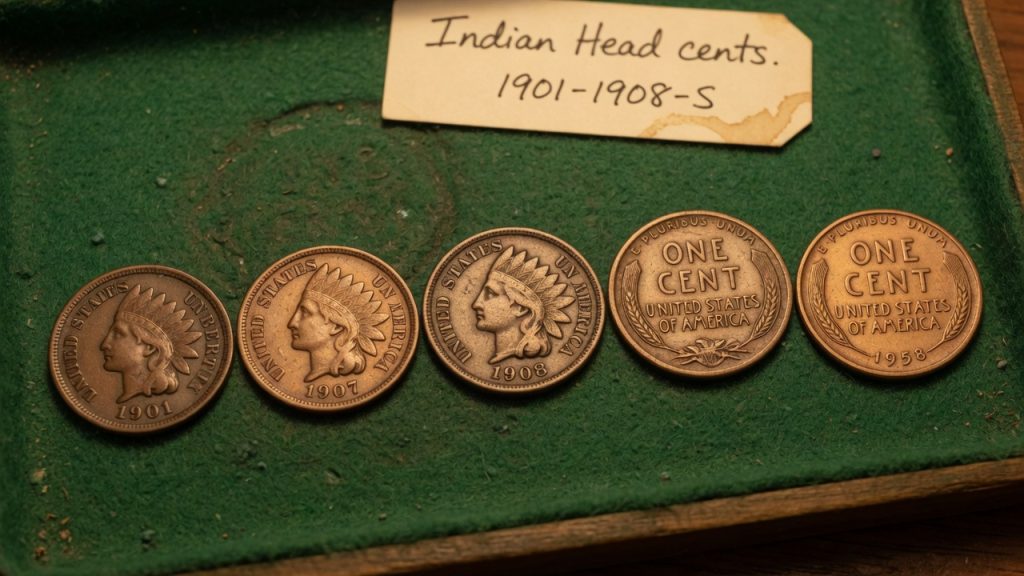 Indian Head cents on a green tray