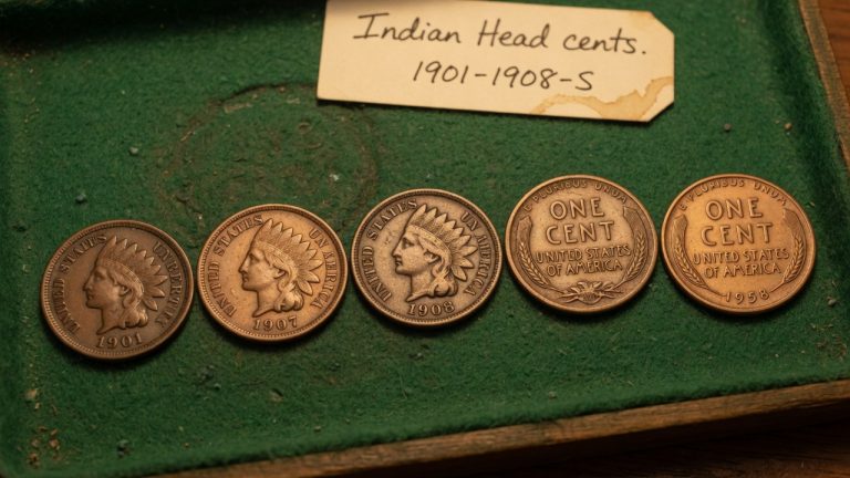 Indian Head cents on a green tray
